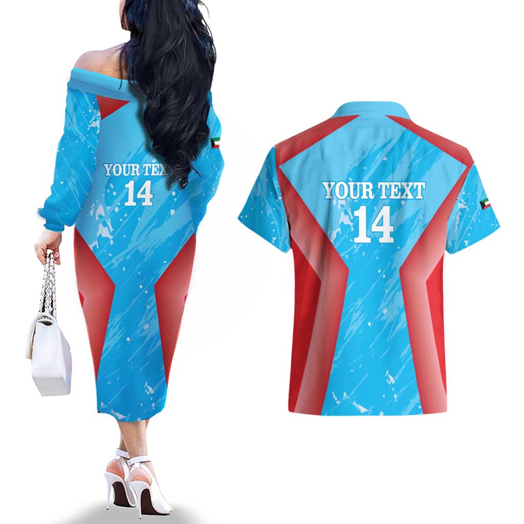 Custom Kuwait Cricket Couples Matching Off The Shoulder Long Sleeve Dress and Hawaiian Shirt Go Champions Grunge Style - Wonder Print Shop