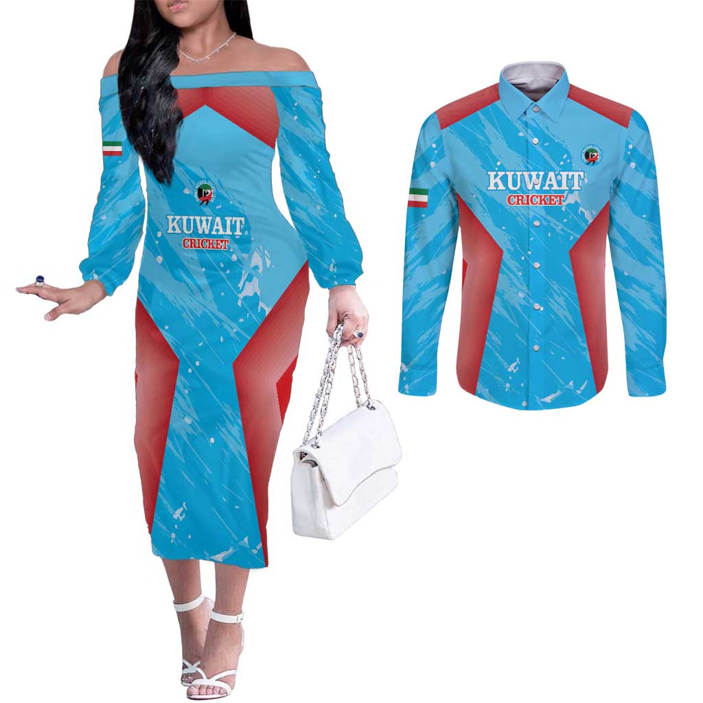Custom Kuwait Cricket Couples Matching Off The Shoulder Long Sleeve Dress and Long Sleeve Button Shirt Go Champions Grunge Style