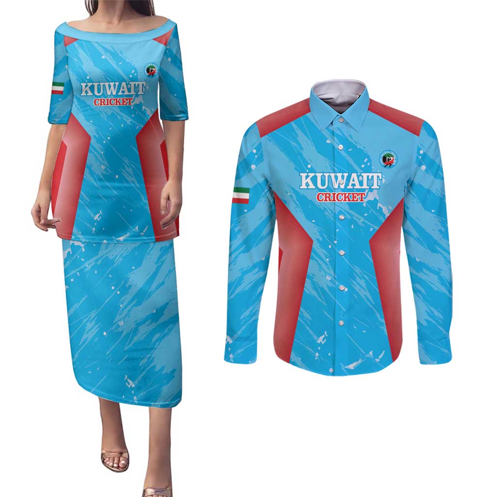 Custom Kuwait Cricket Couples Matching Puletasi and Long Sleeve Button Shirt Go Champions Grunge Style - Wonder Print Shop