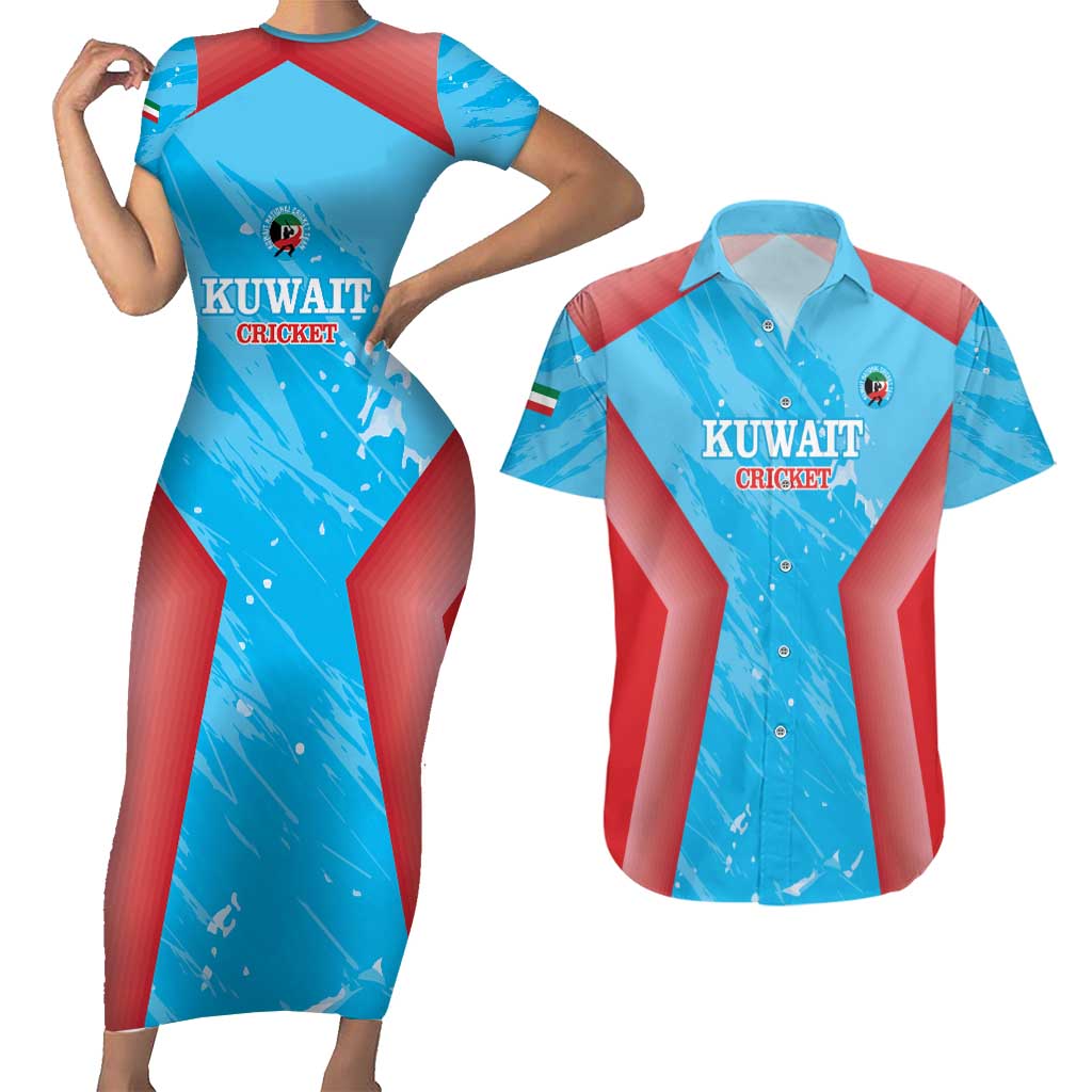 Custom Kuwait Cricket Couples Matching Short Sleeve Bodycon Dress and Hawaiian Shirt Go Champions Grunge Style - Wonder Print Shop