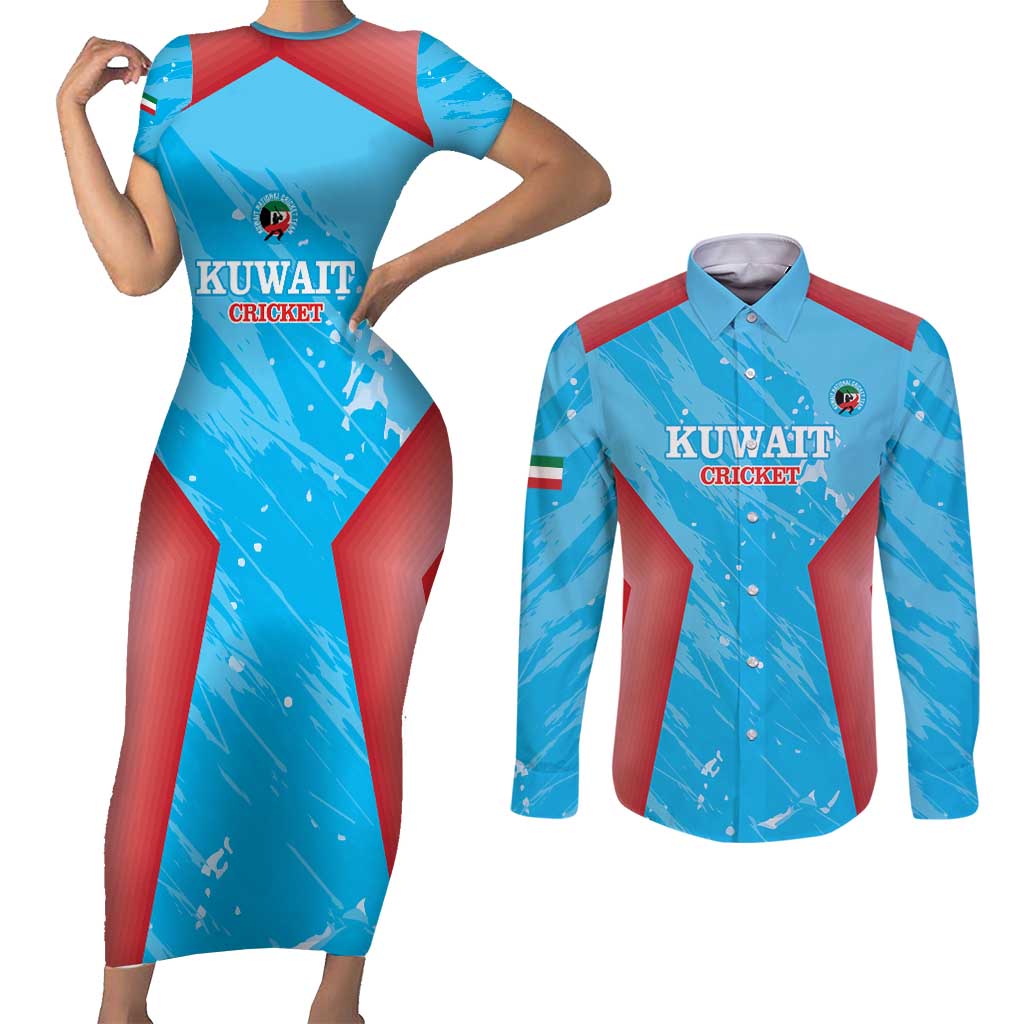 Custom Kuwait Cricket Couples Matching Short Sleeve Bodycon Dress and Long Sleeve Button Shirt Go Champions Grunge Style - Wonder Print Shop