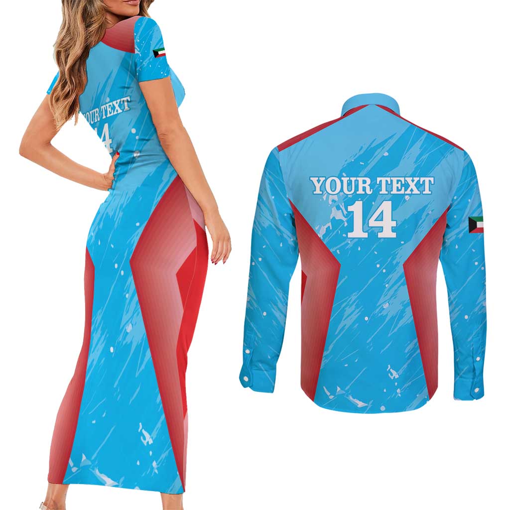 Custom Kuwait Cricket Couples Matching Short Sleeve Bodycon Dress and Long Sleeve Button Shirt Go Champions Grunge Style - Wonder Print Shop