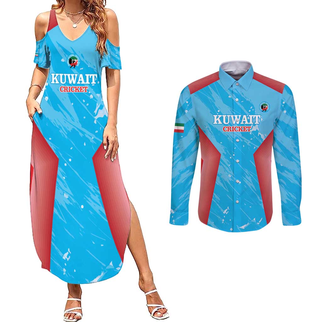 Custom Kuwait Cricket Couples Matching Summer Maxi Dress and Long Sleeve Button Shirt Go Champions Grunge Style - Wonder Print Shop