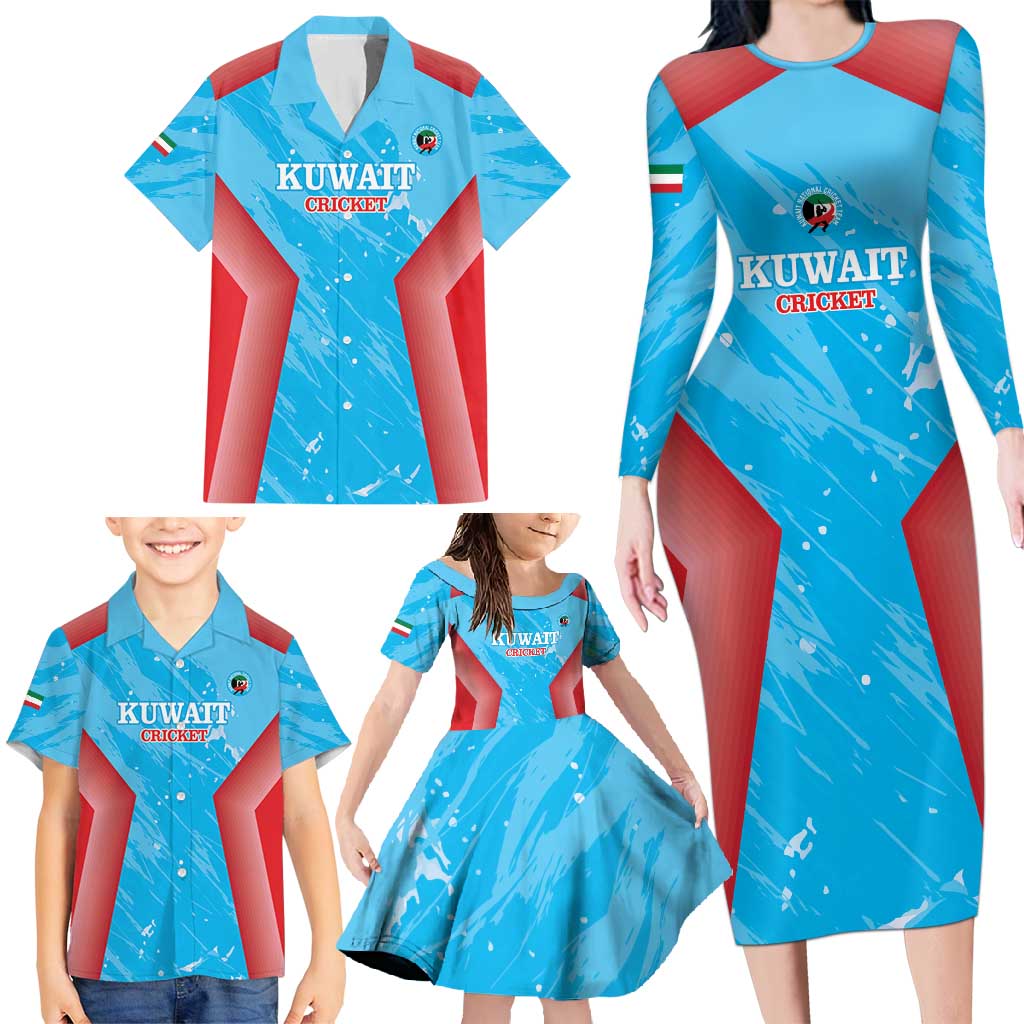 Custom Kuwait Cricket Family Matching Long Sleeve Bodycon Dress and Hawaiian Shirt Go Champions Grunge Style - Wonder Print Shop