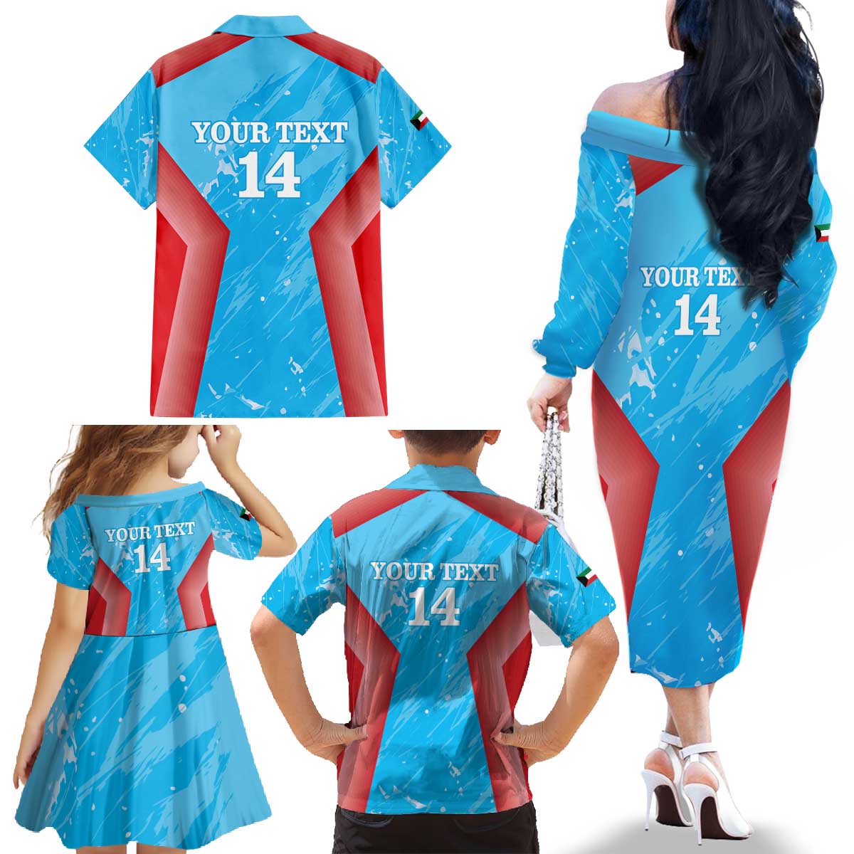 Custom Kuwait Cricket Family Matching Off The Shoulder Long Sleeve Dress and Hawaiian Shirt Go Champions Grunge Style - Wonder Print Shop