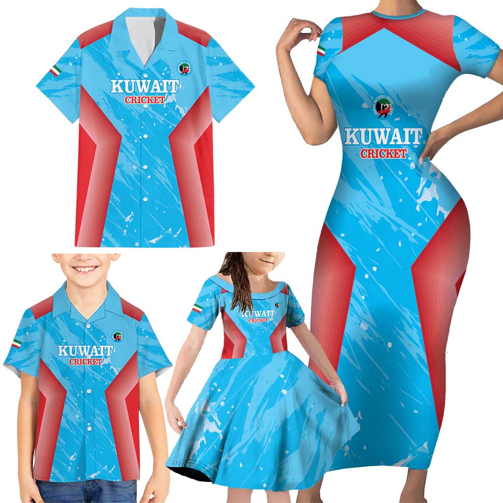 Custom Kuwait Cricket Family Matching Short Sleeve Bodycon Dress and Hawaiian Shirt Go Champions Grunge Style - Wonder Print Shop