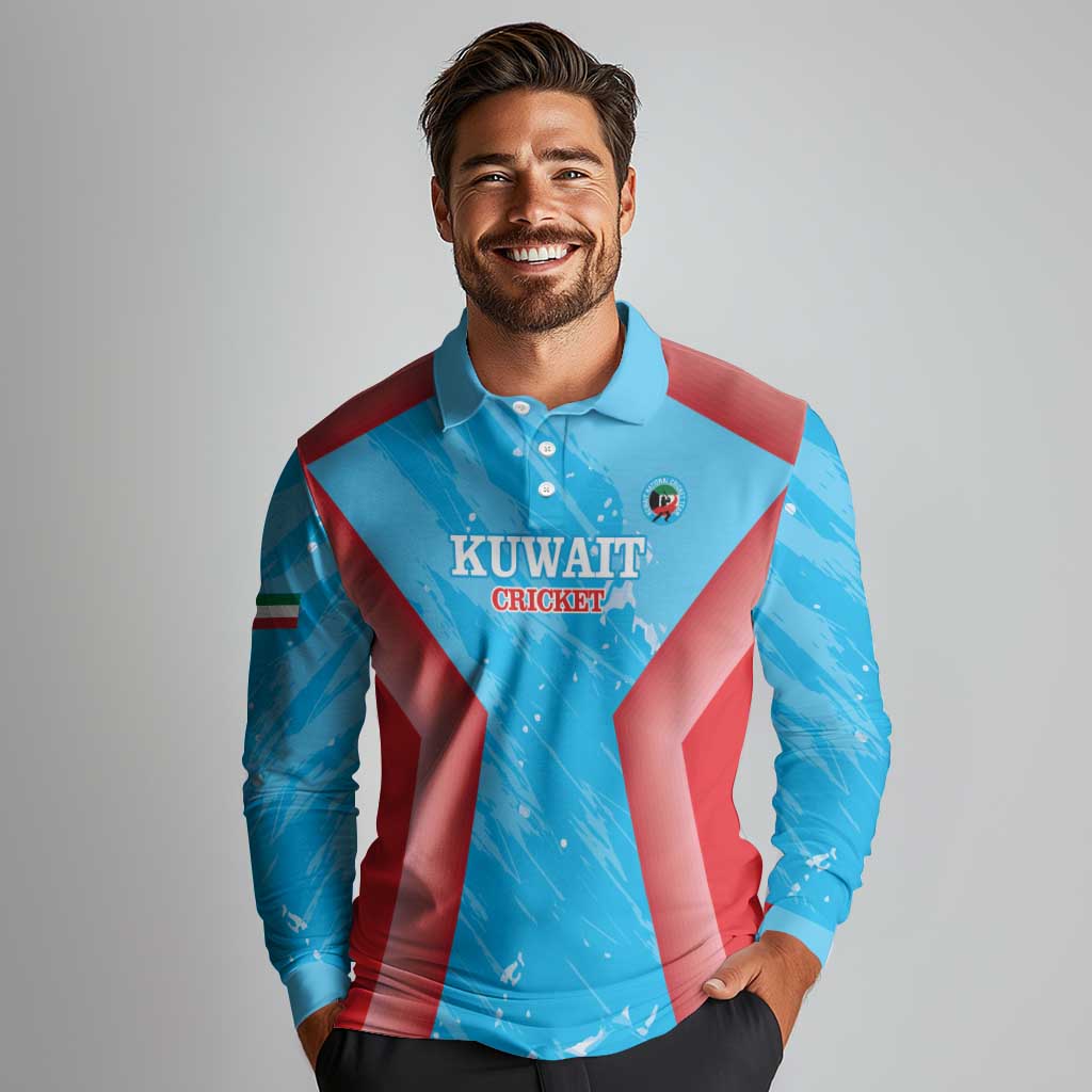 Custom Kuwait Cricket Long Sleeve Polo Shirt Go Champions Grunge Style - Wonder Print Shop