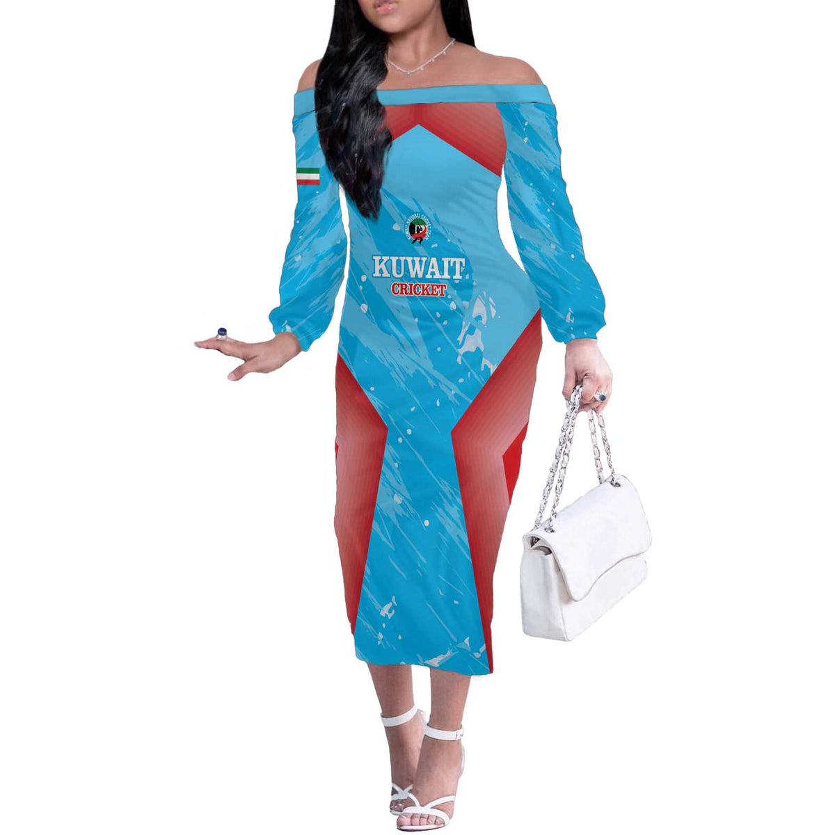 Custom Kuwait Cricket Off The Shoulder Long Sleeve Dress Go Champions Grunge Style - Wonder Print Shop