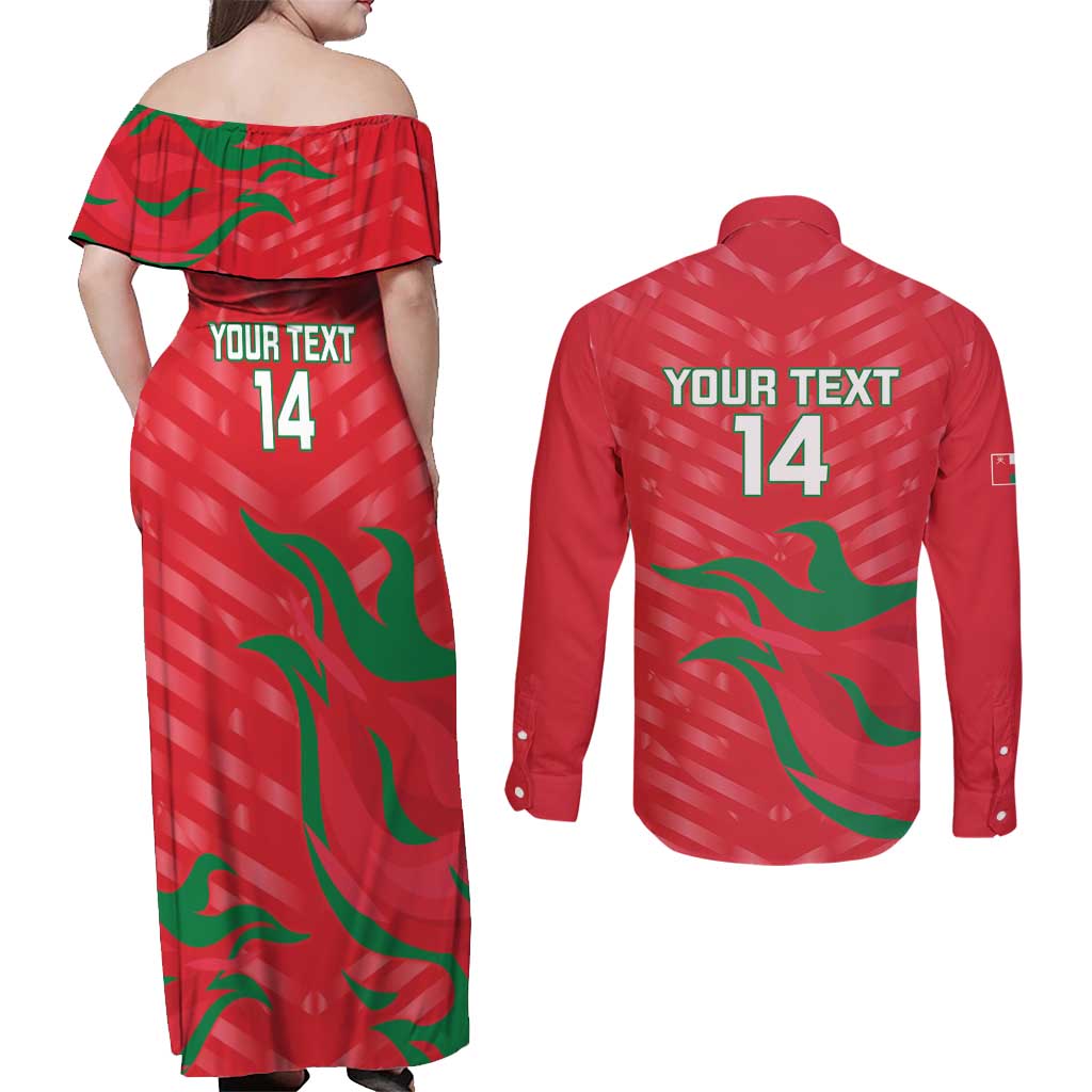 Custom Oman Cricket Couples Matching Off Shoulder Maxi Dress and Long Sleeve Button Shirt Go Champions Strong Flame Style - Wonder Print Shop