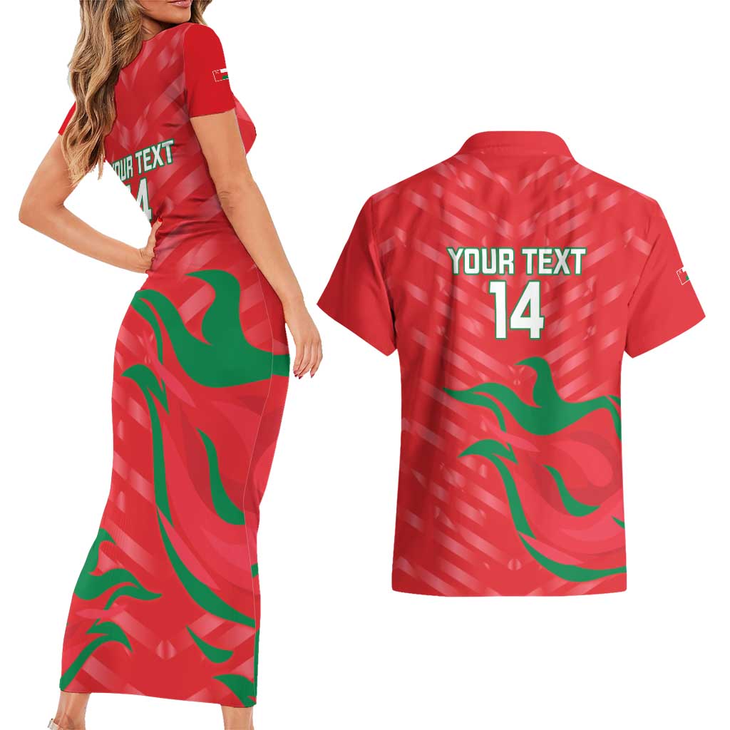 Custom Oman Cricket Couples Matching Short Sleeve Bodycon Dress and Hawaiian Shirt Go Champions Strong Flame Style - Wonder Print Shop