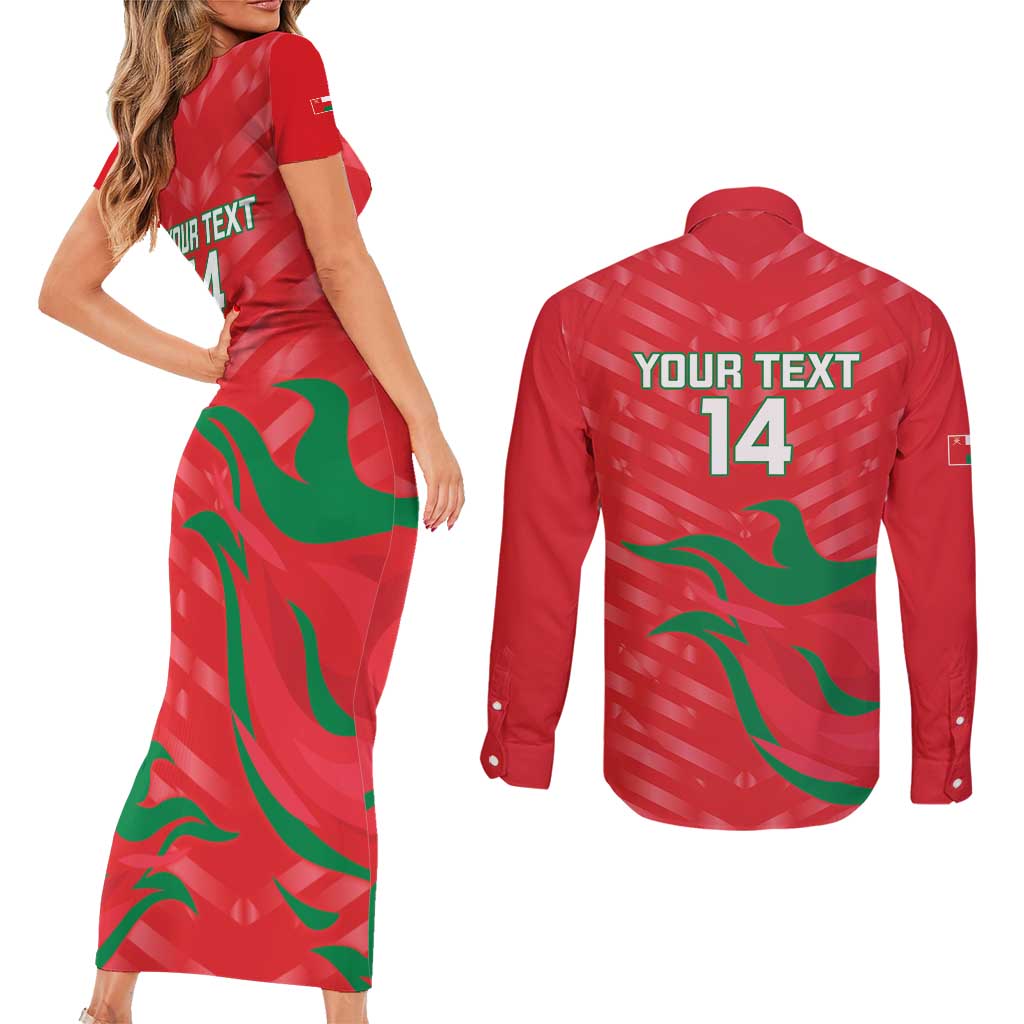Custom Oman Cricket Couples Matching Short Sleeve Bodycon Dress and Long Sleeve Button Shirt Go Champions Strong Flame Style - Wonder Print Shop