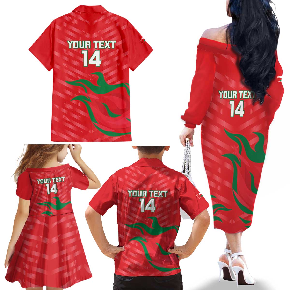 Custom Oman Cricket Family Matching Off The Shoulder Long Sleeve Dress and Hawaiian Shirt Go Champions Strong Flame Style - Wonder Print Shop