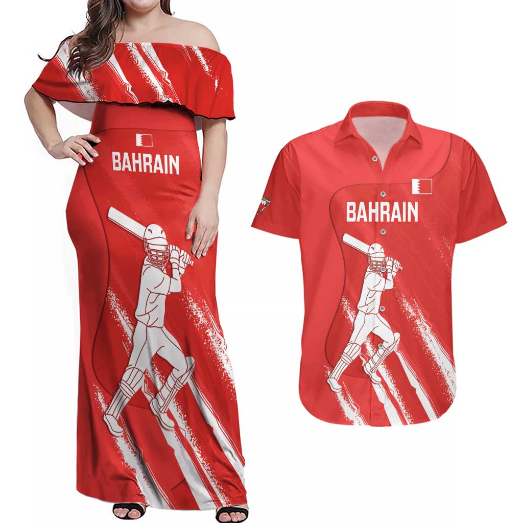 Custom Bahrain Cricket Couples Matching Off Shoulder Maxi Dress and Hawaiian Shirt Go Champions Grunge Style - Wonder Print Shop