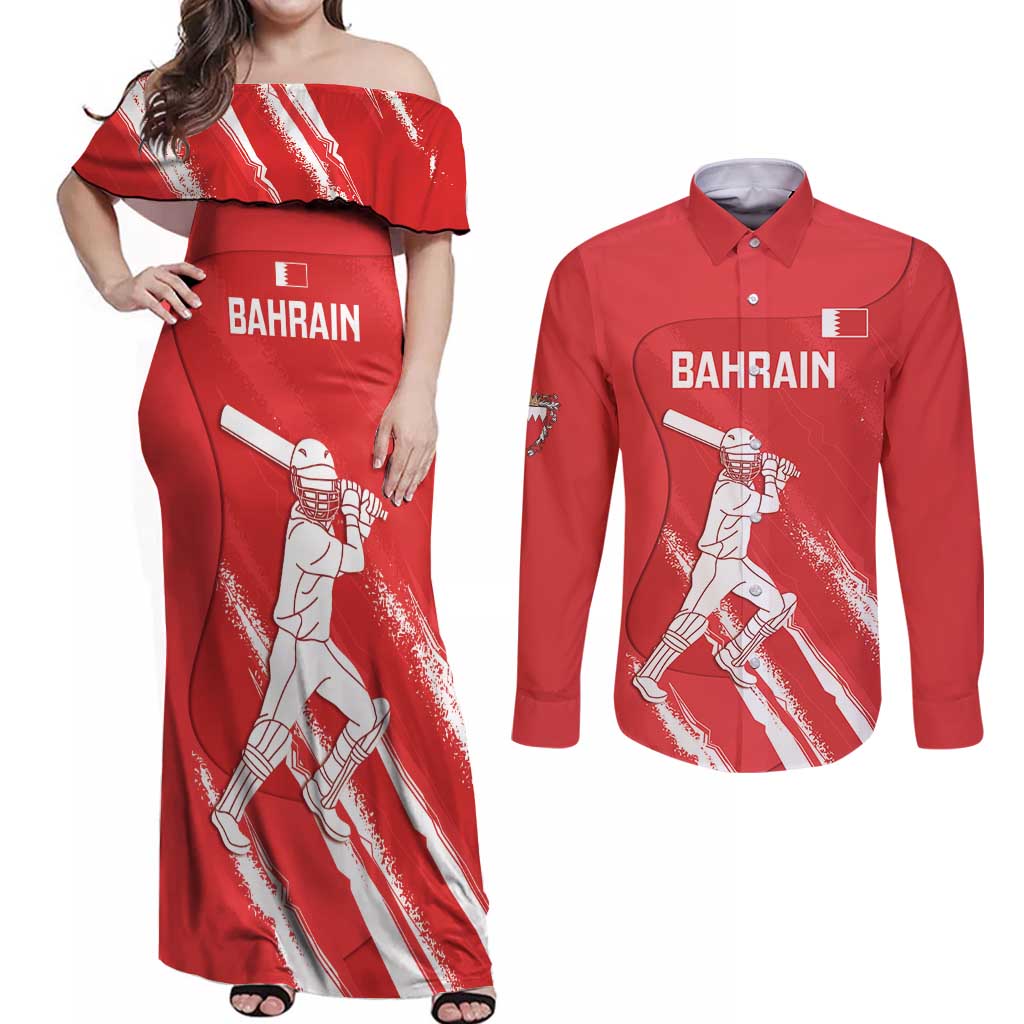 Custom Bahrain Cricket Couples Matching Off Shoulder Maxi Dress and Long Sleeve Button Shirt Go Champions Grunge Style - Wonder Print Shop
