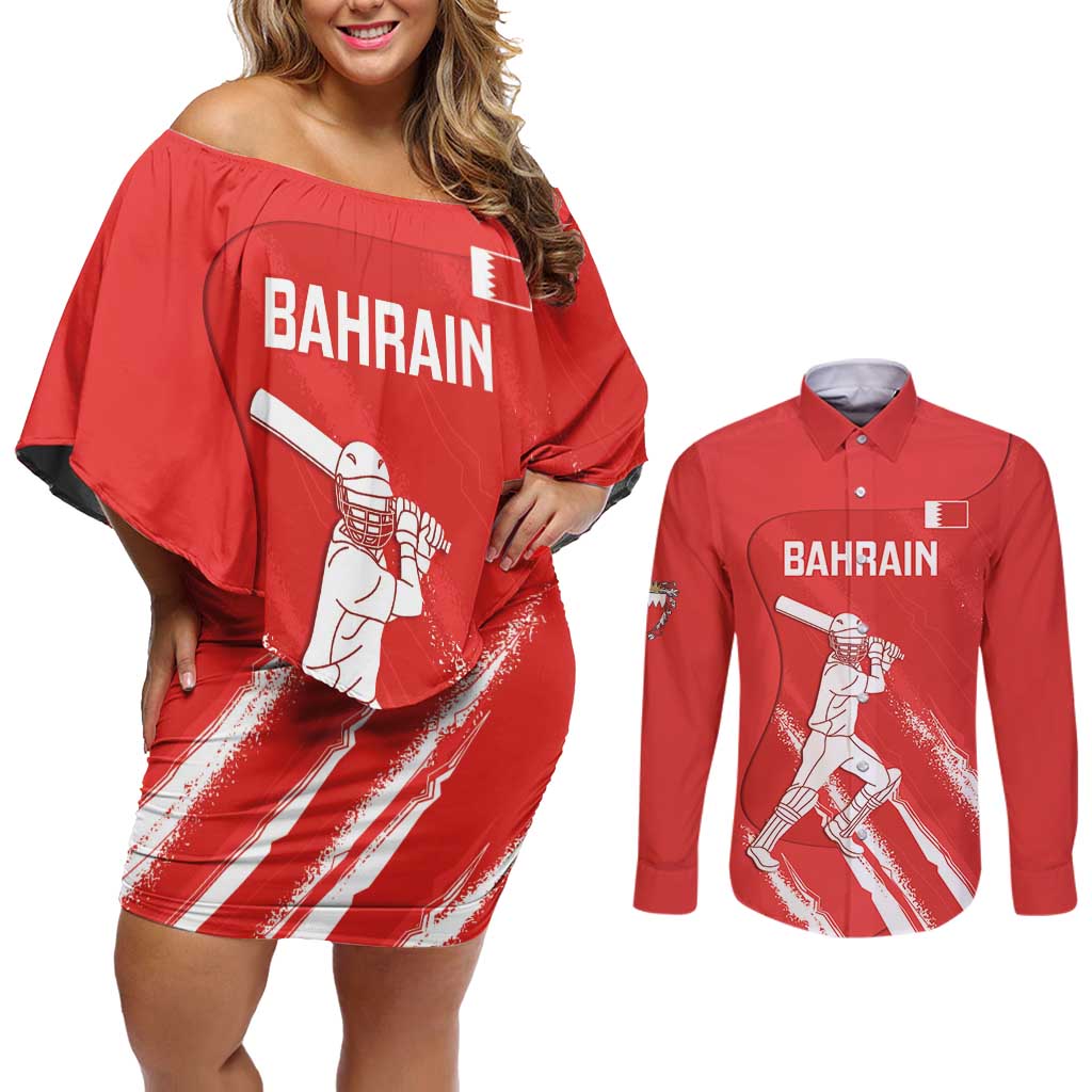 Custom Bahrain Cricket Couples Matching Off Shoulder Short Dress and Long Sleeve Button Shirt Go Champions Grunge Style - Wonder Print Shop