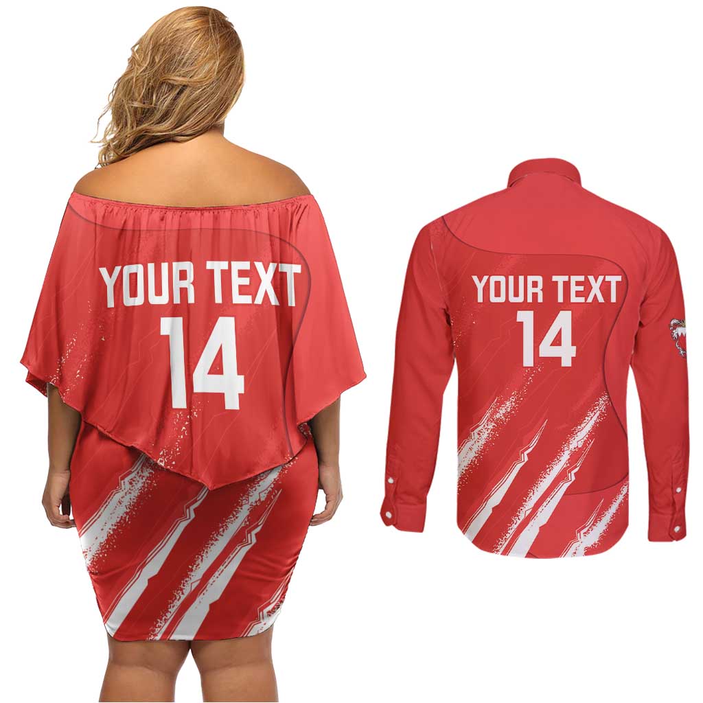 Custom Bahrain Cricket Couples Matching Off Shoulder Short Dress and Long Sleeve Button Shirt Go Champions Grunge Style - Wonder Print Shop