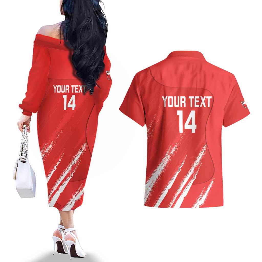 Custom Bahrain Cricket Couples Matching Off The Shoulder Long Sleeve Dress and Hawaiian Shirt Go Champions Grunge Style - Wonder Print Shop