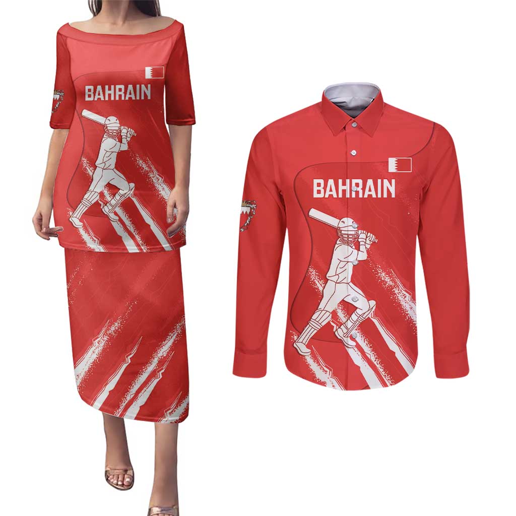 Custom Bahrain Cricket Couples Matching Puletasi and Long Sleeve Button Shirt Go Champions Grunge Style - Wonder Print Shop