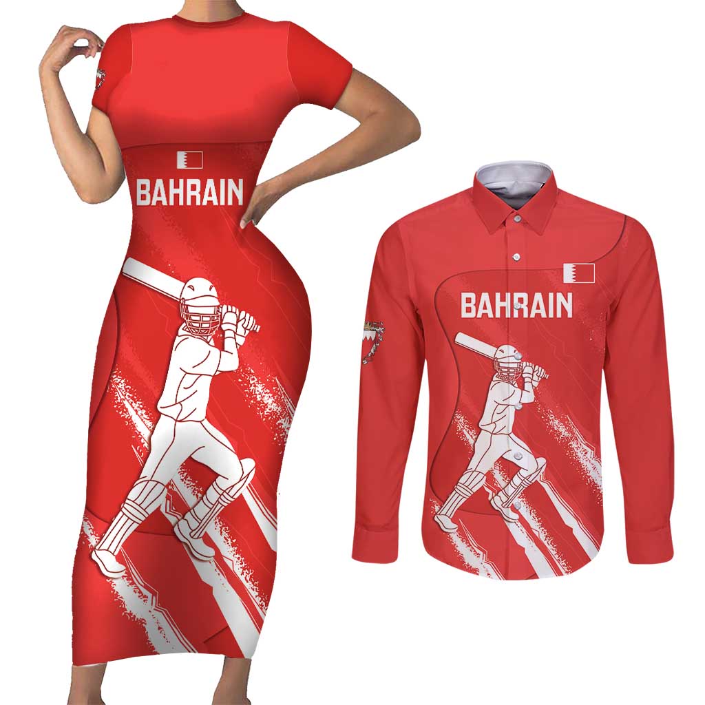 Custom Bahrain Cricket Couples Matching Short Sleeve Bodycon Dress and Long Sleeve Button Shirt Go Champions Grunge Style - Wonder Print Shop
