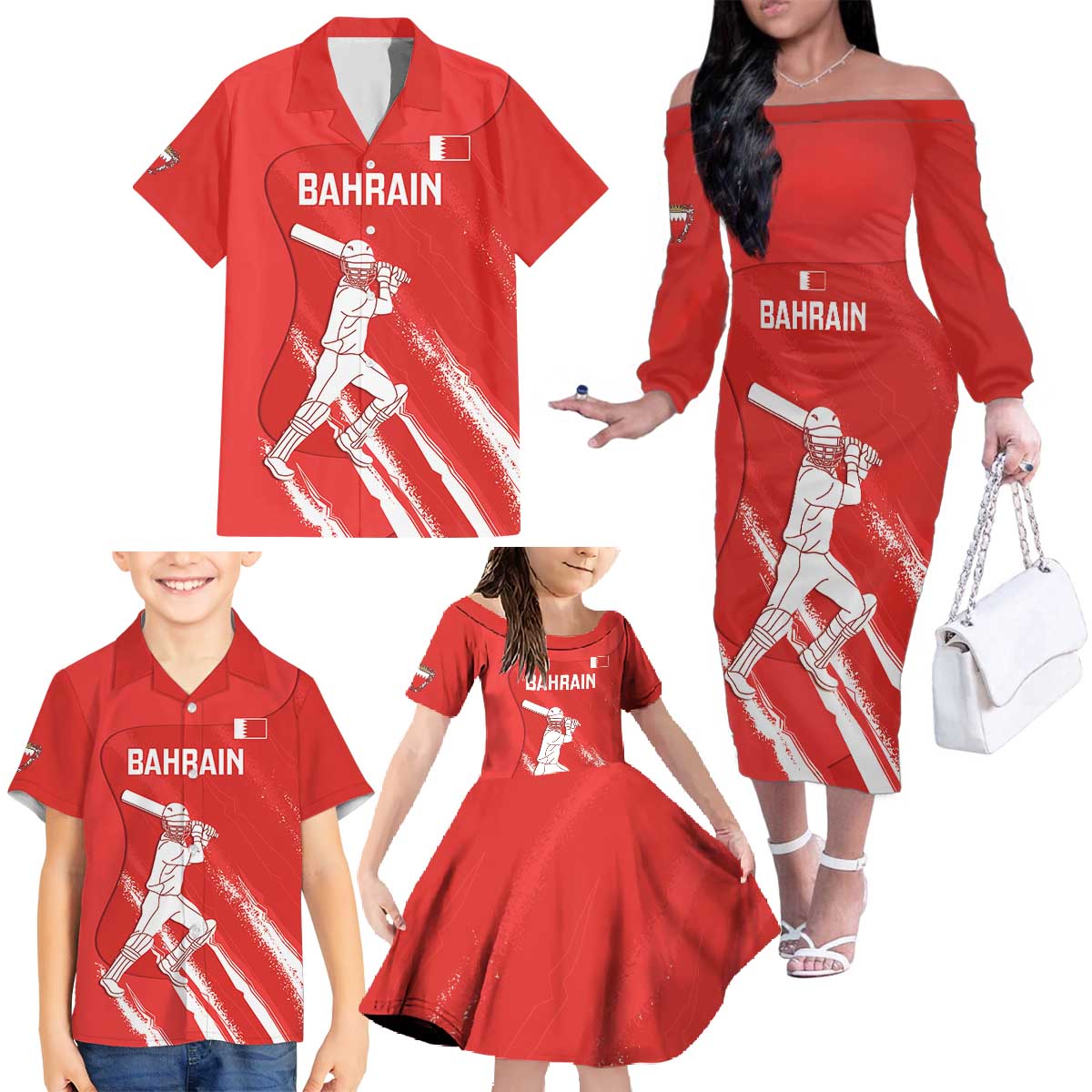 Custom Bahrain Cricket Family Matching Off The Shoulder Long Sleeve Dress and Hawaiian Shirt Go Champions Grunge Style - Wonder Print Shop