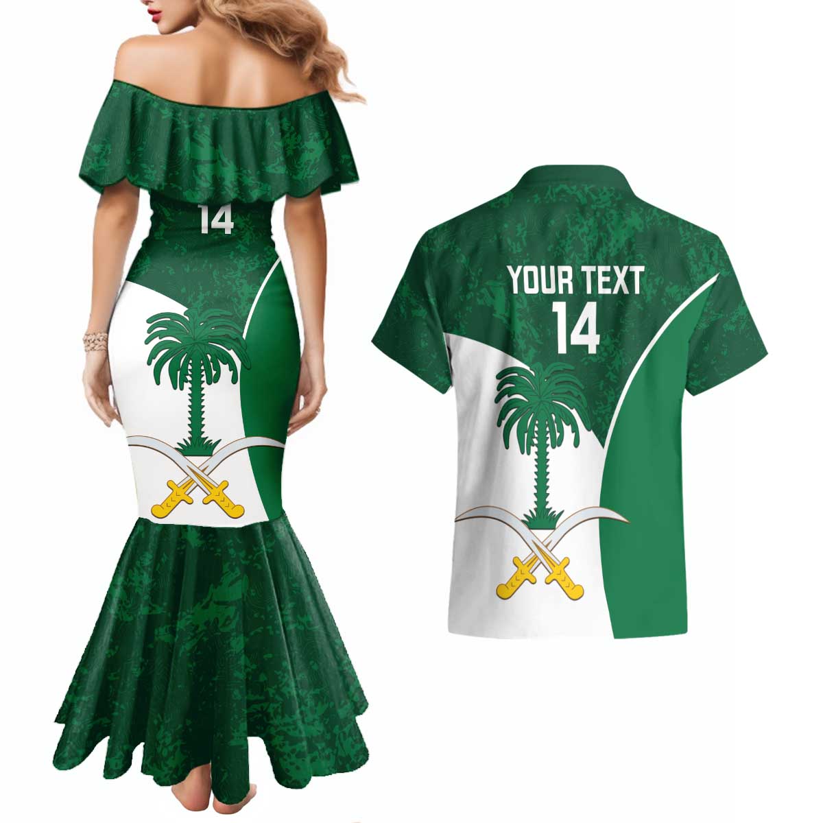 Custom Saudi Arabia Cricket Couples Matching Mermaid Dress and Hawaiian Shirt Go Champions Coat Of Arms Style - Wonder Print Shop