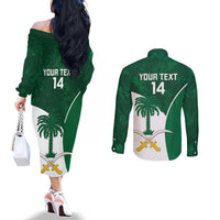 Custom Saudi Arabia Cricket Couples Matching Off The Shoulder Long Sleeve Dress and Long Sleeve Button Shirt Go Champions Coat Of Arms Style