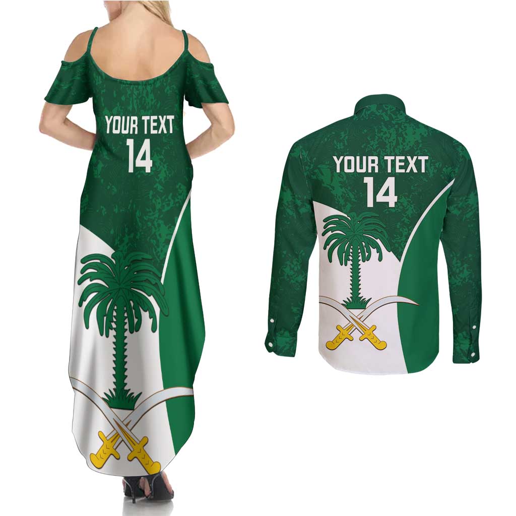 Custom Saudi Arabia Cricket Couples Matching Summer Maxi Dress and Long Sleeve Button Shirt Go Champions Coat Of Arms Style - Wonder Print Shop