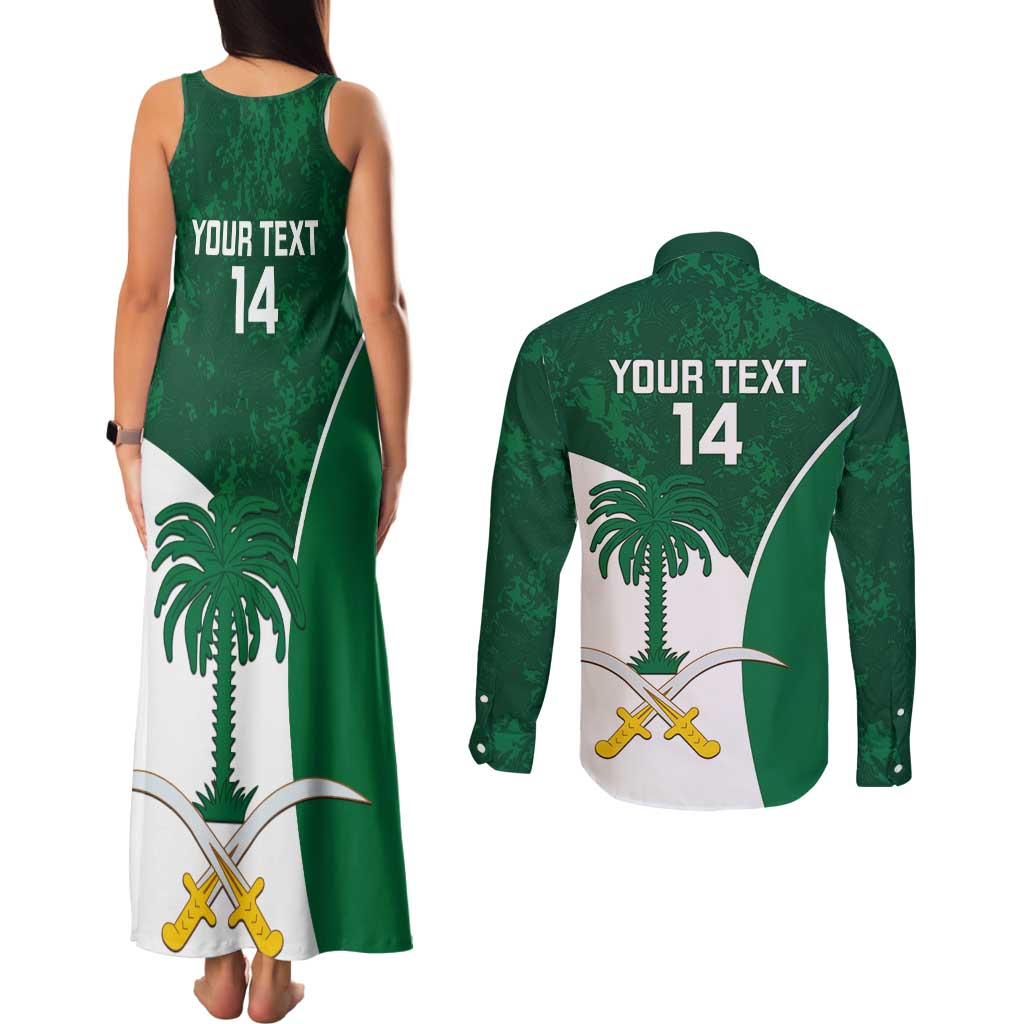 Custom Saudi Arabia Cricket Couples Matching Tank Maxi Dress and Long Sleeve Button Shirt Go Champions Coat Of Arms Style - Wonder Print Shop