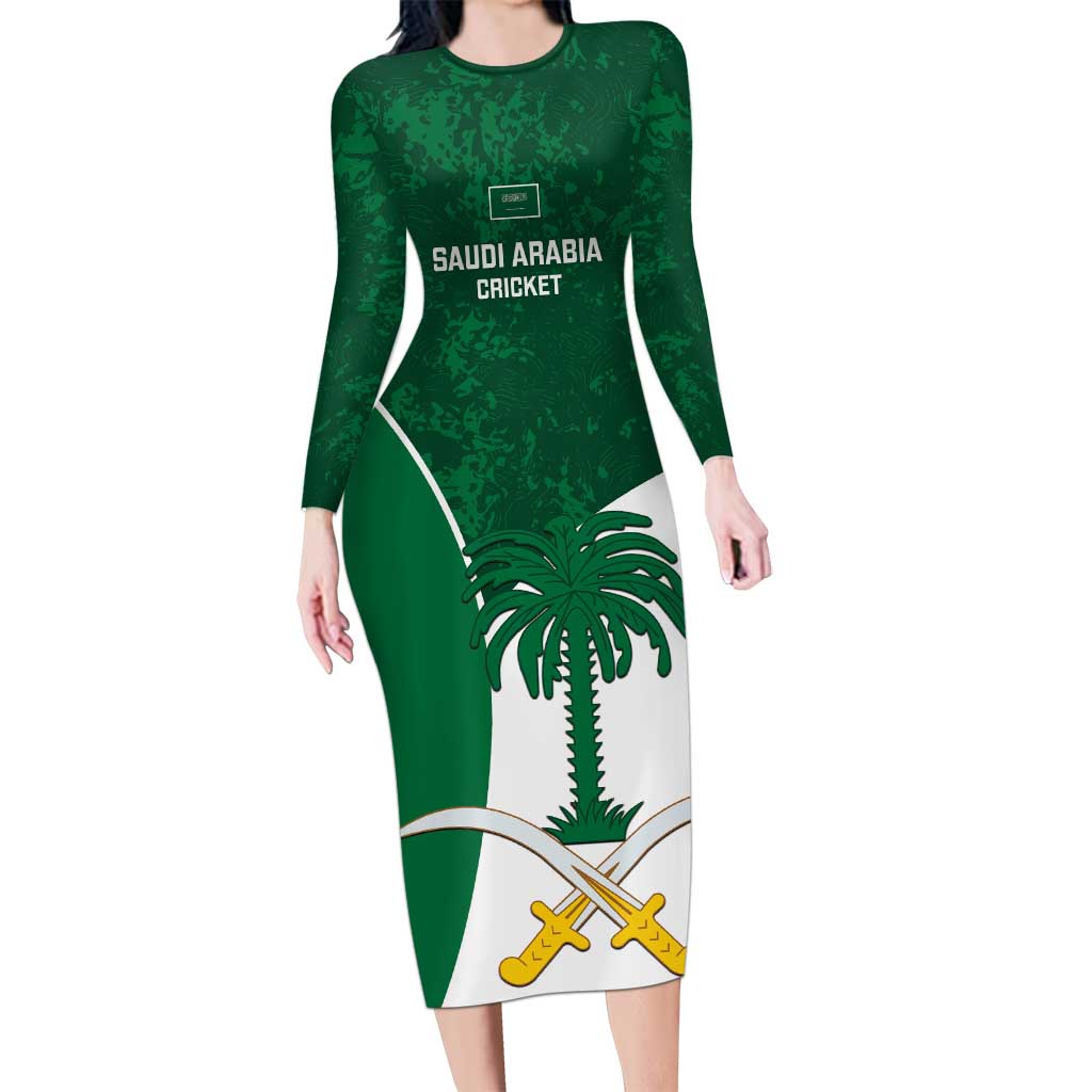 Custom Saudi Arabia Cricket Family Matching Long Sleeve Bodycon Dress and Hawaiian Shirt Go Champions Coat Of Arms Style - Wonder Print Shop