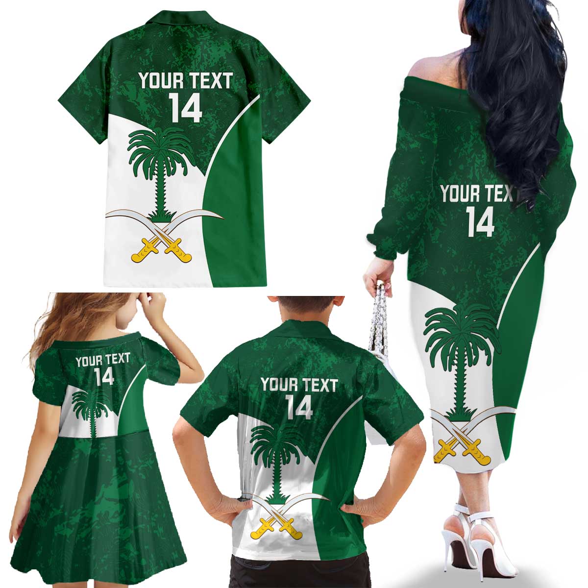Custom Saudi Arabia Cricket Family Matching Off The Shoulder Long Sleeve Dress and Hawaiian Shirt Go Champions Coat Of Arms Style - Wonder Print Shop