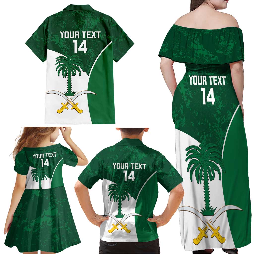 Custom Saudi Arabia Cricket Family Matching Off Shoulder Maxi Dress and Hawaiian Shirt Go Champions Coat Of Arms Style - Wonder Print Shop