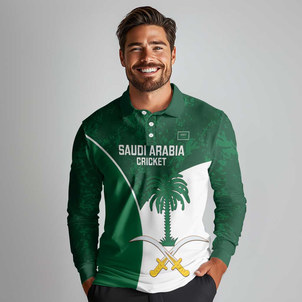 Custom Saudi Arabia Cricket Long Sleeve Polo Shirt Go Champions Coat Of Arms Style - Wonder Print Shop