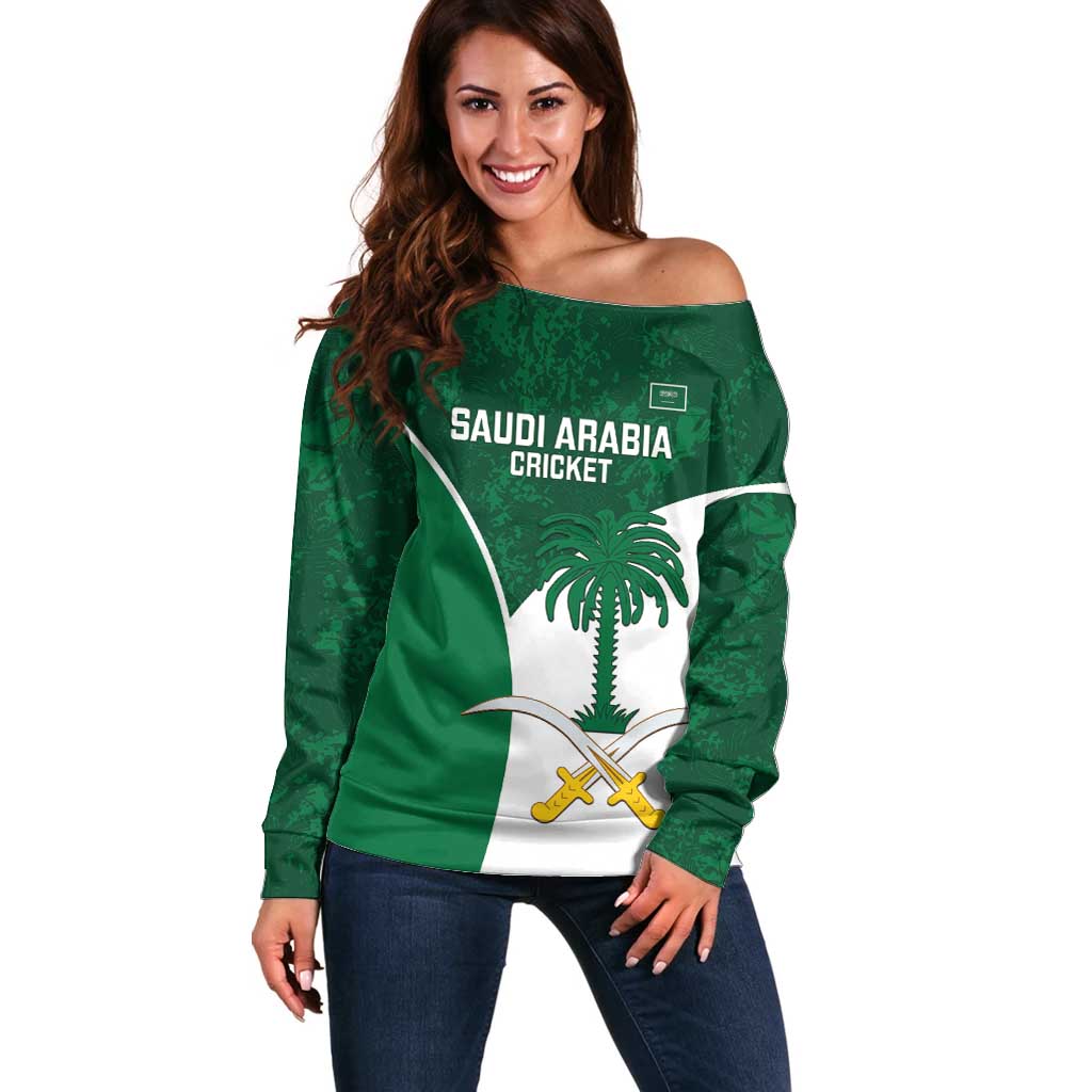 Custom Saudi Arabia Cricket Off Shoulder Sweater Go Champions Coat Of Arms Style - Wonder Print Shop