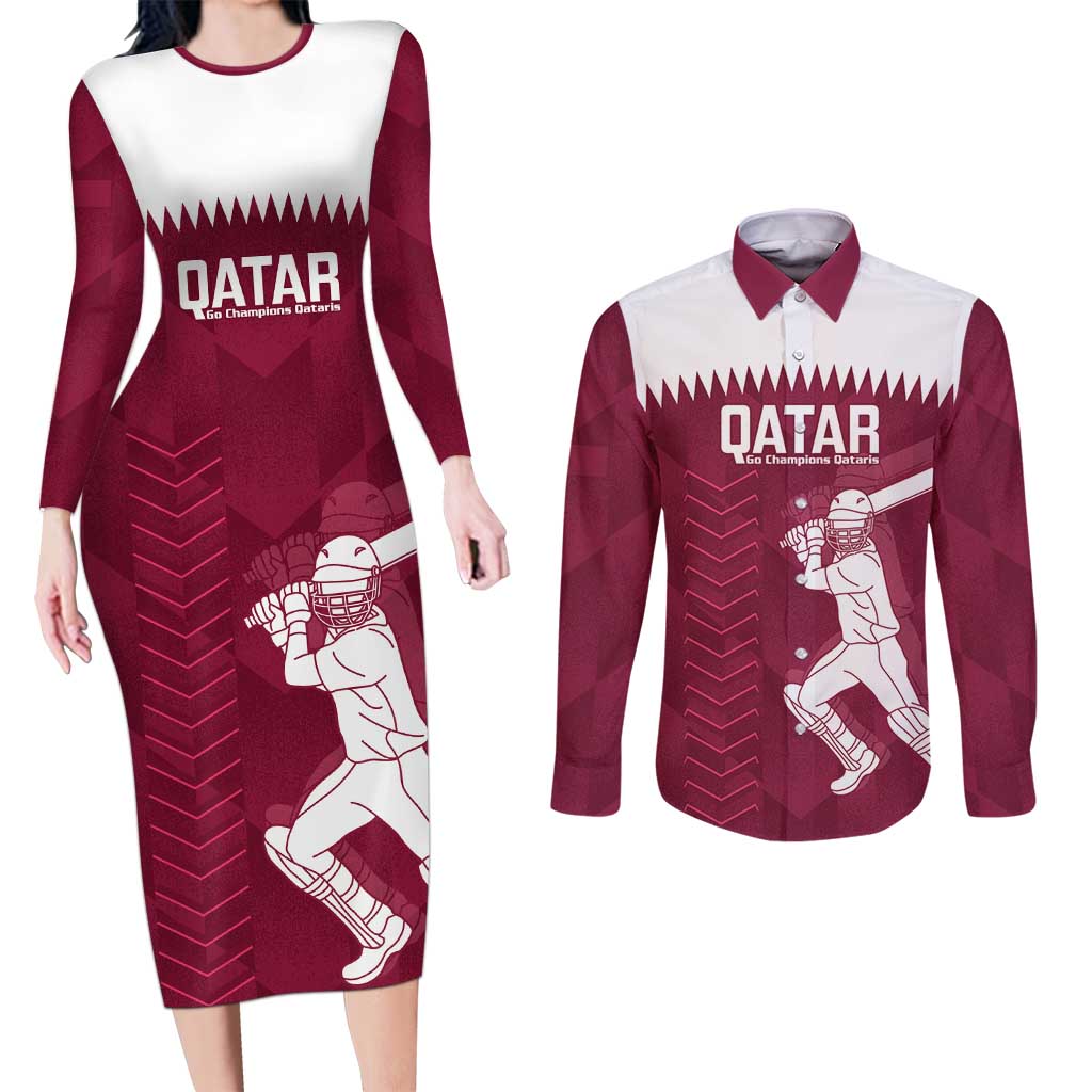 Custom Qatar Cricket Couples Matching Long Sleeve Bodycon Dress and Long Sleeve Button Shirt Go Champions Qataris Flag Style - Wonder Print Shop
