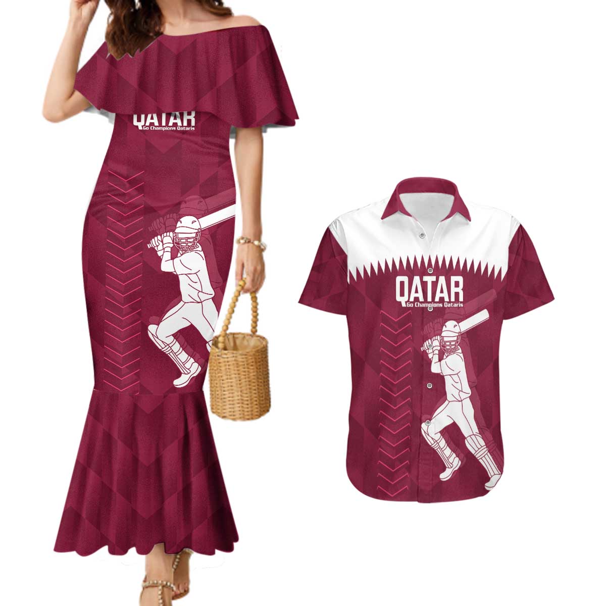 Custom Qatar Cricket Couples Matching Mermaid Dress and Hawaiian Shirt Go Champions Qataris Flag Style - Wonder Print Shop