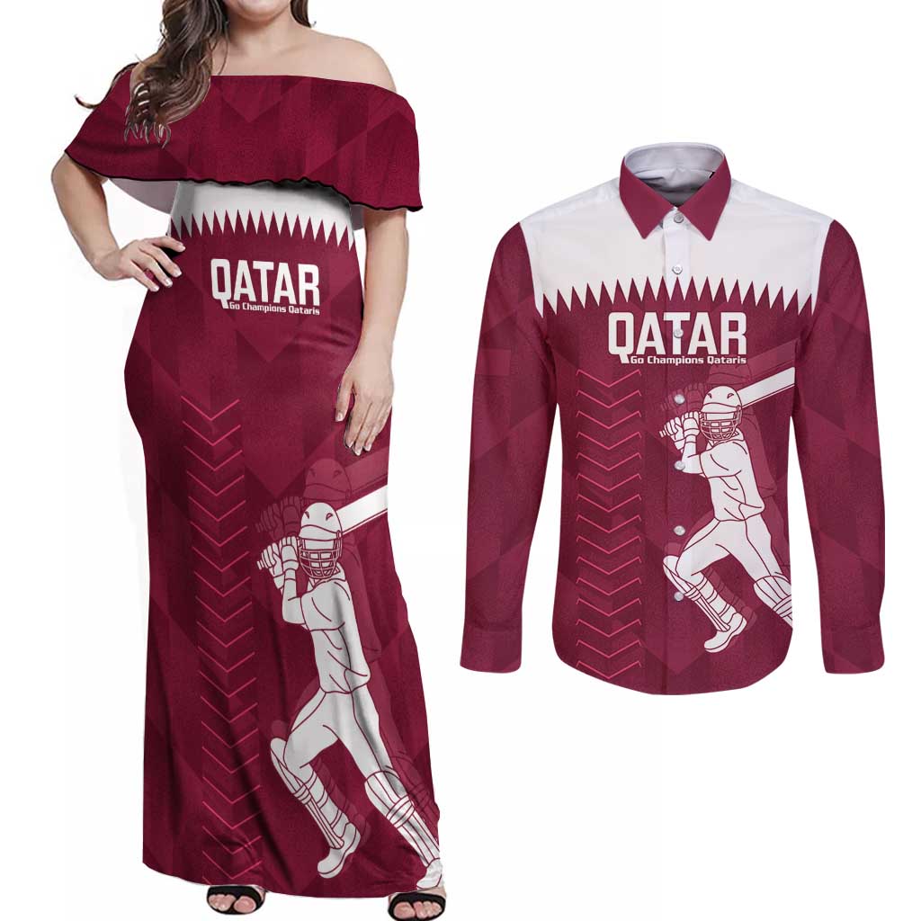 Custom Qatar Cricket Couples Matching Off Shoulder Maxi Dress and Long Sleeve Button Shirt Go Champions Qataris Flag Style - Wonder Print Shop