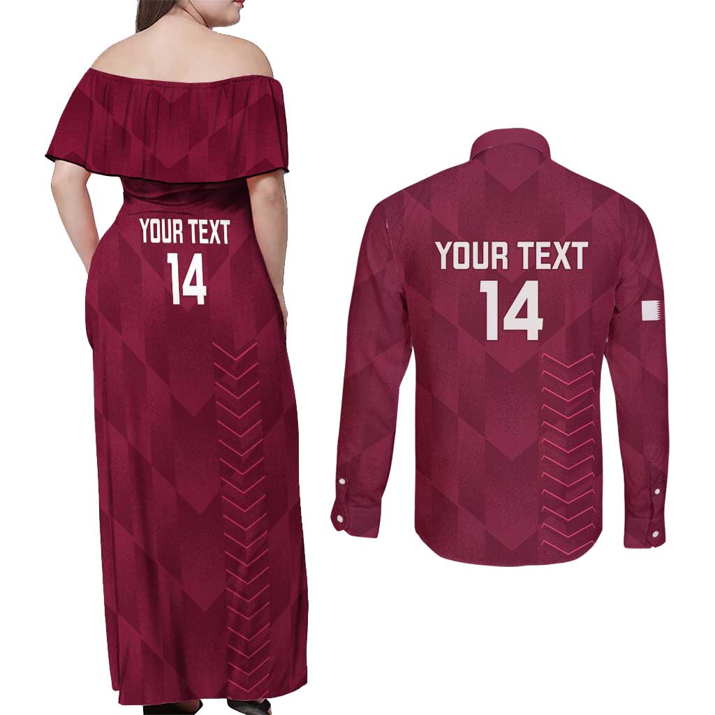 Custom Qatar Cricket Couples Matching Off Shoulder Maxi Dress and Long Sleeve Button Shirt Go Champions Qataris Flag Style - Wonder Print Shop