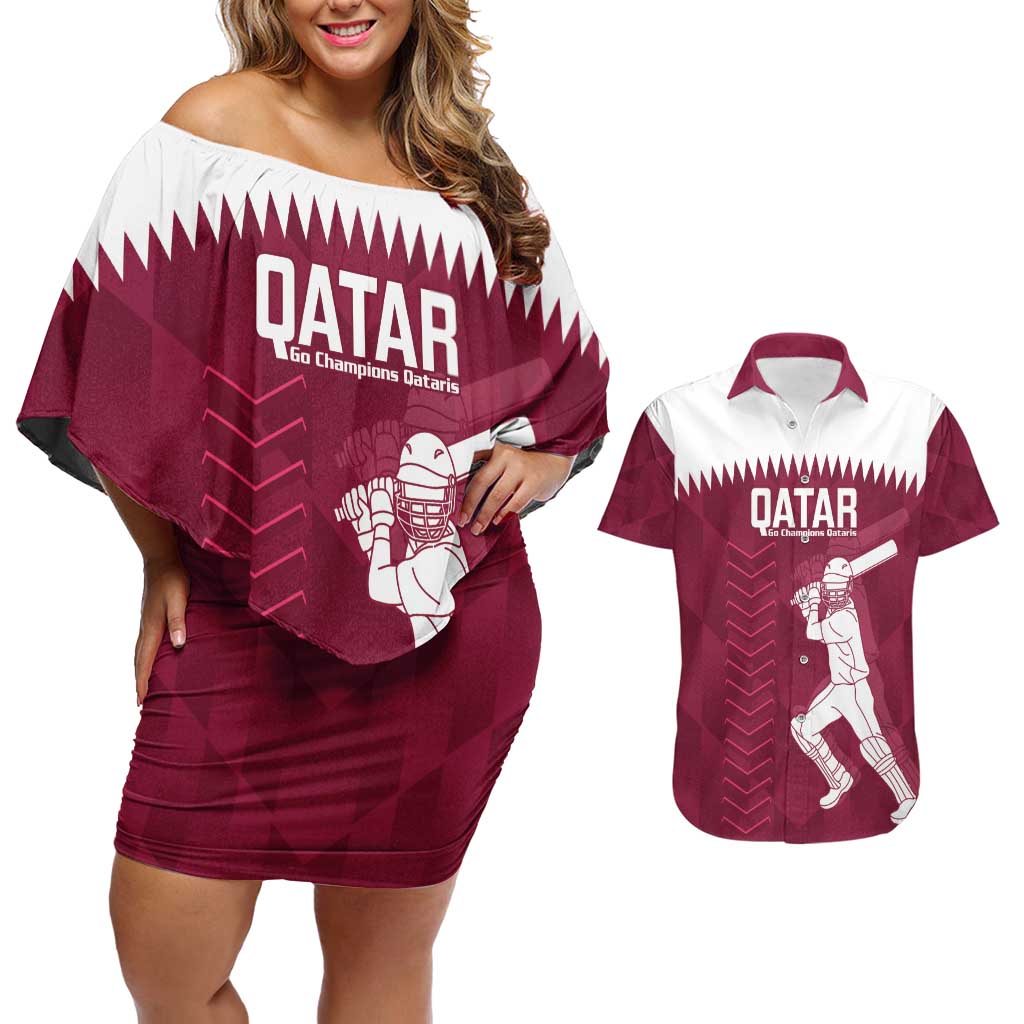Custom Qatar Cricket Couples Matching Off Shoulder Short Dress and Hawaiian Shirt Go Champions Qataris Flag Style - Wonder Print Shop
