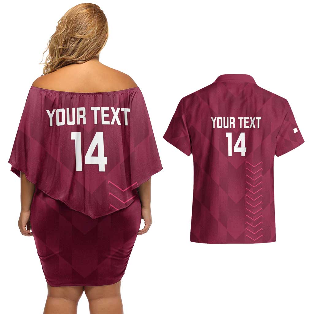 Custom Qatar Cricket Couples Matching Off Shoulder Short Dress and Hawaiian Shirt Go Champions Qataris Flag Style - Wonder Print Shop