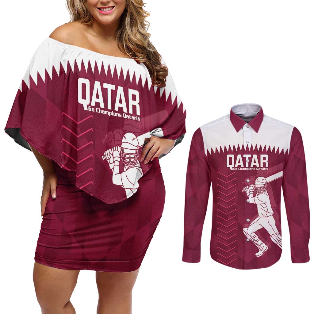 Custom Qatar Cricket Couples Matching Off Shoulder Short Dress and Long Sleeve Button Shirt Go Champions Qataris Flag Style - Wonder Print Shop