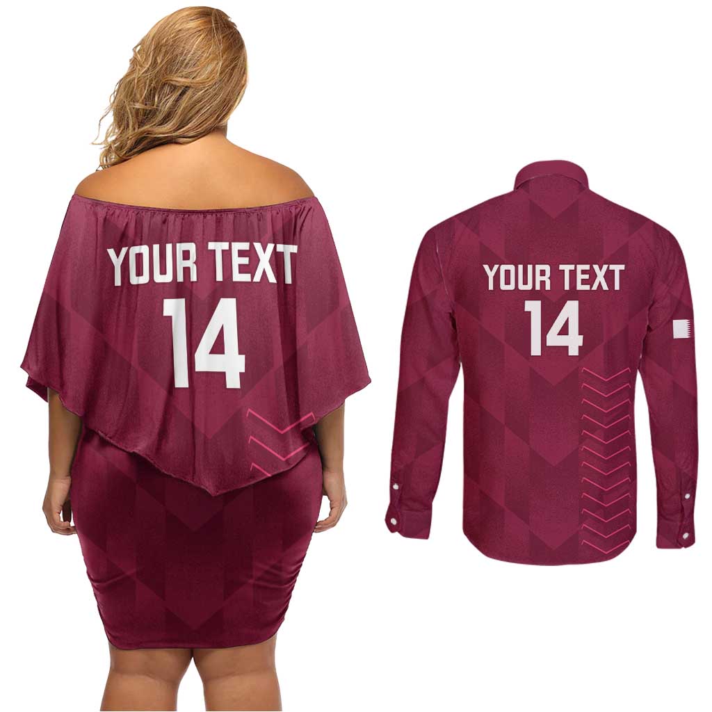 Custom Qatar Cricket Couples Matching Off Shoulder Short Dress and Long Sleeve Button Shirt Go Champions Qataris Flag Style - Wonder Print Shop
