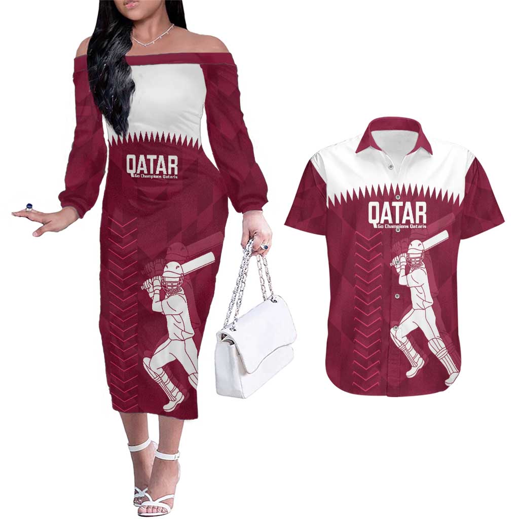 Custom Qatar Cricket Couples Matching Off The Shoulder Long Sleeve Dress and Hawaiian Shirt Go Champions Qataris Flag Style - Wonder Print Shop