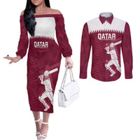 Custom Qatar Cricket Couples Matching Off The Shoulder Long Sleeve Dress and Long Sleeve Button Shirt Go Champions Qataris Flag Style