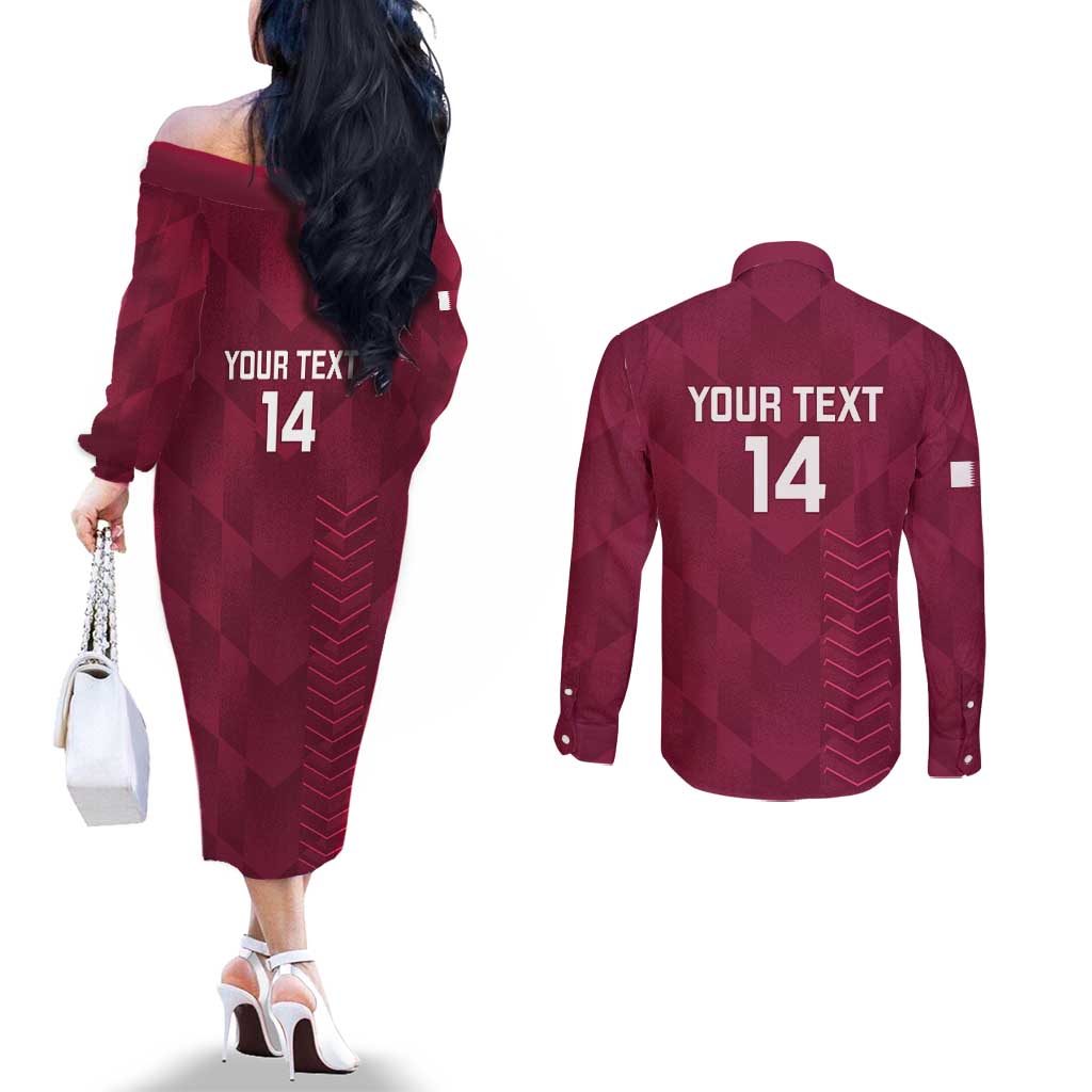 Custom Qatar Cricket Couples Matching Off The Shoulder Long Sleeve Dress and Long Sleeve Button Shirt Go Champions Qataris Flag Style