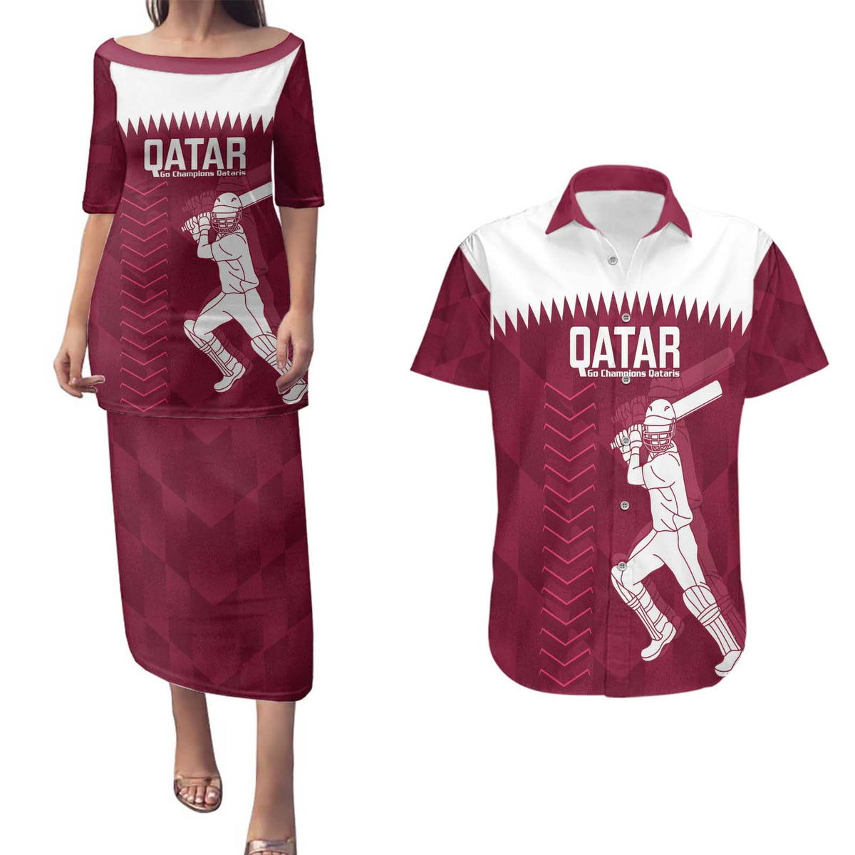 Custom Qatar Cricket Couples Matching Puletasi and Hawaiian Shirt Go Champions Qataris Flag Style - Wonder Print Shop
