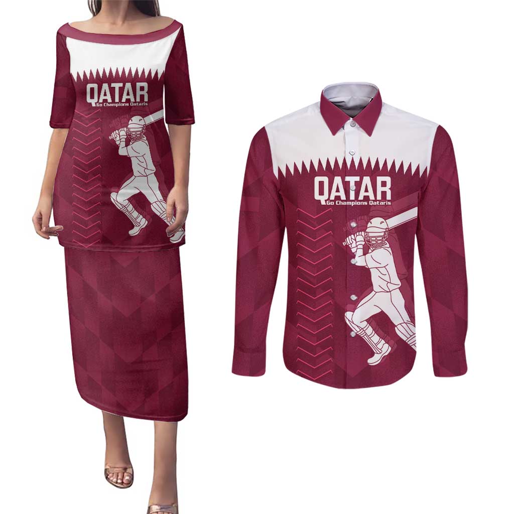 Custom Qatar Cricket Couples Matching Puletasi and Long Sleeve Button Shirt Go Champions Qataris Flag Style - Wonder Print Shop
