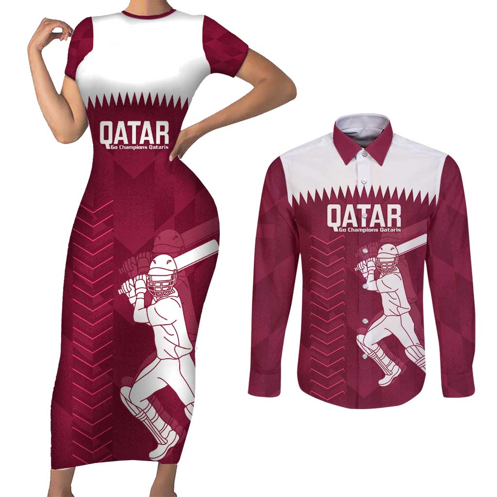 Custom Qatar Cricket Couples Matching Short Sleeve Bodycon Dress and Long Sleeve Button Shirt Go Champions Qataris Flag Style - Wonder Print Shop