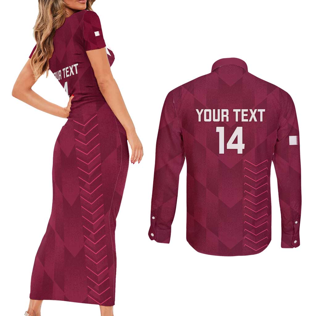 Custom Qatar Cricket Couples Matching Short Sleeve Bodycon Dress and Long Sleeve Button Shirt Go Champions Qataris Flag Style - Wonder Print Shop