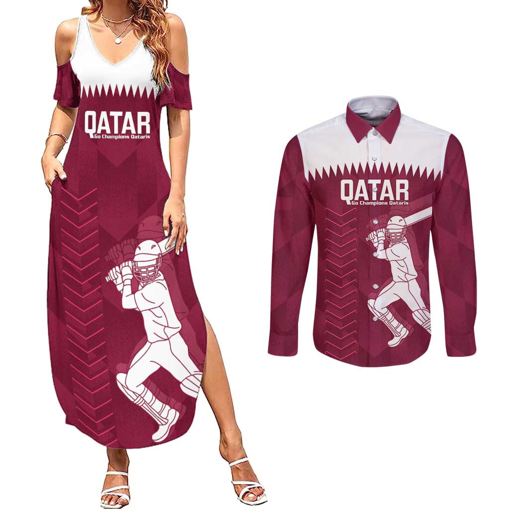 Custom Qatar Cricket Couples Matching Summer Maxi Dress and Long Sleeve Button Shirt Go Champions Qataris Flag Style - Wonder Print Shop