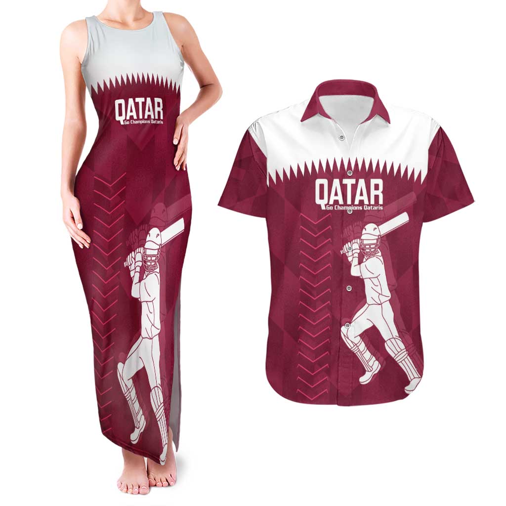 Custom Qatar Cricket Couples Matching Tank Maxi Dress and Hawaiian Shirt Go Champions Qataris Flag Style - Wonder Print Shop